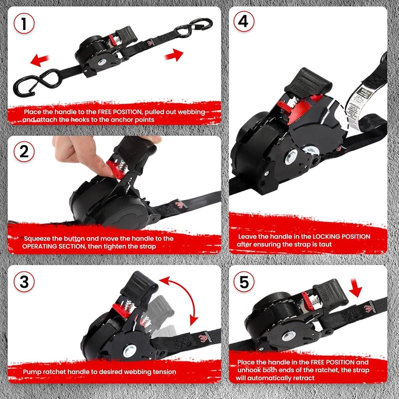 ARMORLOGISTICS Retractable Ratchet Straps 4 Pack, 1500LBS Break Strength Self Retracting Tie Down Straps, 1" x 12' Auto Ratchet Straps for Motorcycle, Kayak and Trucks, Black - Image 5